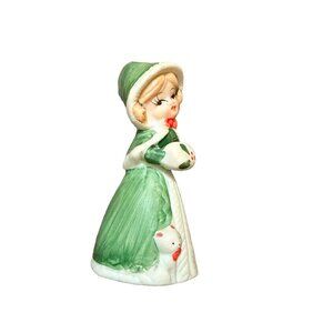 Jasco 1978 Merri-Bells Porcelain Bell Figurine Green Cloak Mistletoe Cat Vintage